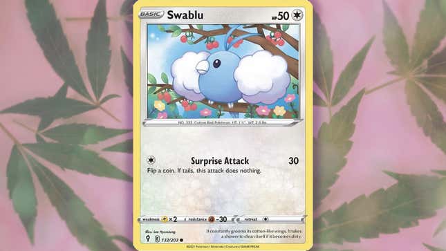 A small blue bird-like creature with what appear to be swollen white cloud wings is featured on a Pokémon card shown against a pot leaf background.