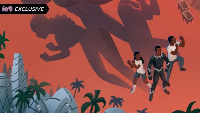 Young T'Challa is in his Black Panther costume with friends in fighting stances on either side of him in a crop of the illustrated Black Panther: Spellbound's book cover.