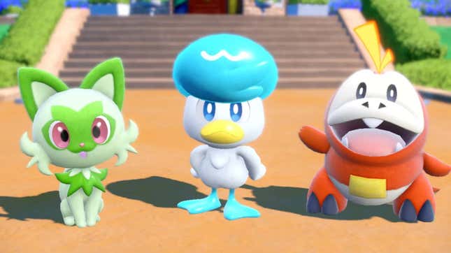 Pokémon Scarlet and Violet's Gen 9 starters stand in front of some steps ready for battle. 