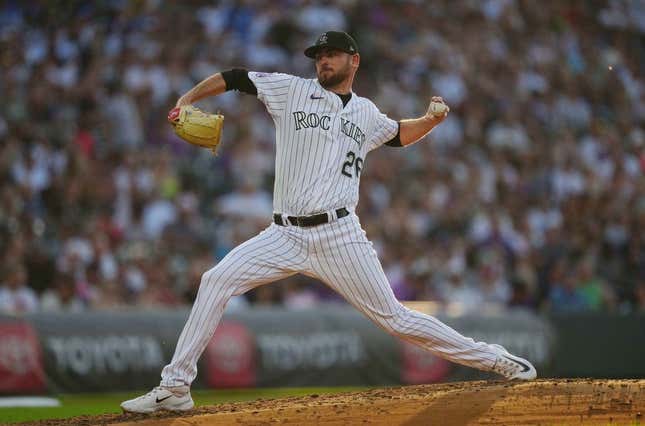 Jul 14, 2023; Denver, Colorado, USA; Colorado Rockies starting pitcher Austin Gomber (26) pitches in fourth inning against the New York Yankees at Coors Field.