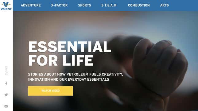 The landing page for Valero's "Essential for Life" website and campaign showing the categories as well as the tagline over an image of a baby's hand.