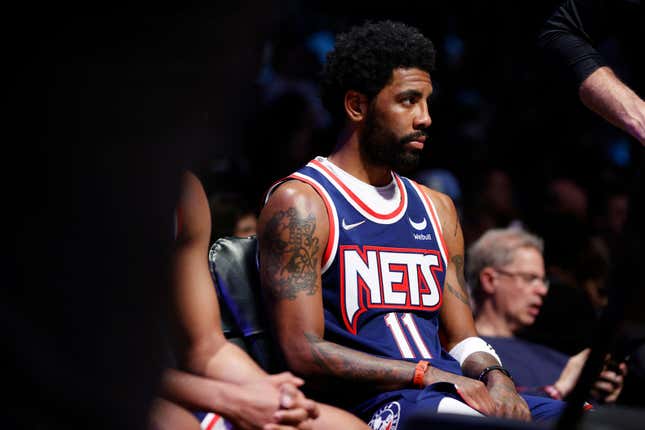 NEW YORK, NEW YORK - APRIL 10: Kyrie Irving #11 of the Brooklyn Nets looks on during the first half against the Indiana Pacers at Barclays Center on April 10, 2022, in the Brooklyn borough of New York City.