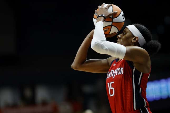 May 19, 2023; Washington, District of Columbia, USA; Washington Mystics guard Brittney Sykes (15) shoots the ball against the New York Liberty at Entertainment &amp;amp; Sports Arena.