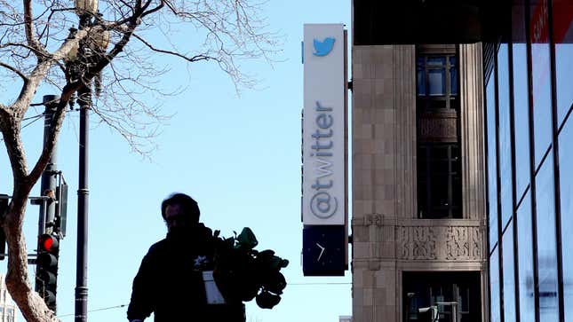 A modified company sign is posted on the exterior of the Twitter headquarters on April 10, 2023 in San Francisco, California. Twitter CEO Elon Musk had the sign in front of Twitter headquarters modified by painting over the letter "W" in the Twitter name.