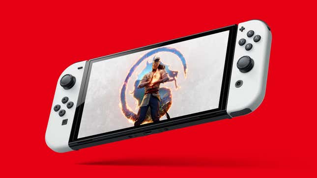 Promo art for Mortal Kombat 1 appears on a Switch OLED.