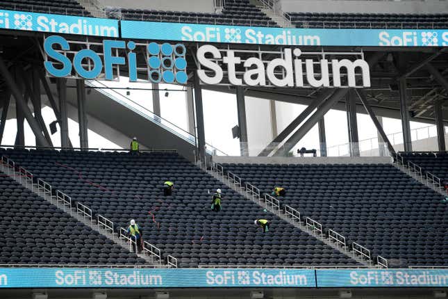 INGLEWOOD, CALIFORNIA - SEPTEMBER 04: Workers prepare the stands at SoFi Stadium on September 04, 2020 in Inglewood, California. (Photo by Harry How/Getty Images)
