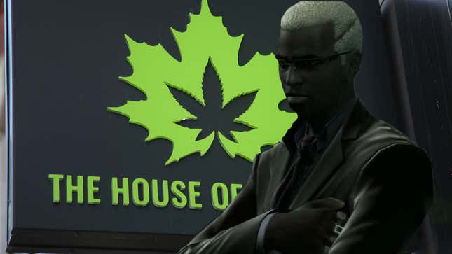 Drebin 893 standing in front of a dispensary sign.