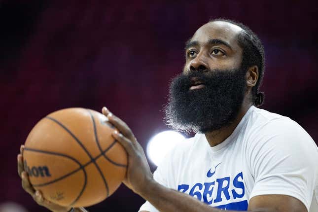 May 11, 2023; Philadelphia, Pennsylvania, USA; Philadelphia 76ers guard James Harden warms up before game six of the 2023 NBA playoffs against the Boston Celtics at Wells Fargo Center.