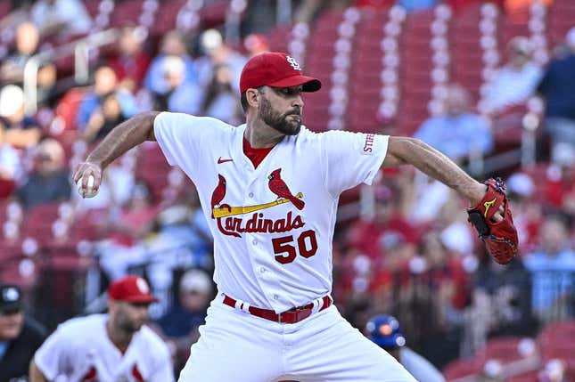 Aug 17, 2023; St. Louis, Missouri, USA;  St. Louis Cardinals starting pitcher Adam Wainwright (50) pitches against the New York Mets during the first inning at Busch Stadium.