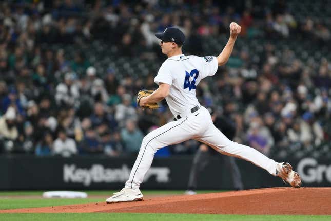 Apr 15, 2023; Seattle, Washington, USA; Seattle Mariners starting pitcher George Kirby (68) pitches to the Colorado Rockies at T-Mobile Park.