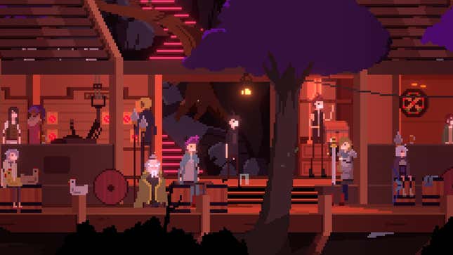 A party in a wooden house in the forest, with all manner of people in their video game clothes.