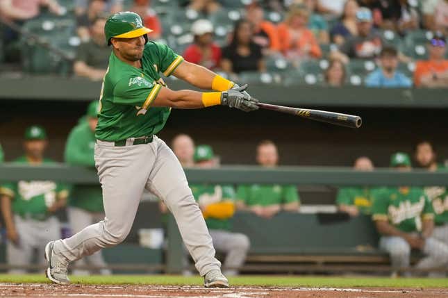 Apr 12, 2023; Baltimore, Maryland, USA;  Oakland Athletics catcher Carlos Perez (44) singles during the second inning against the Baltimore Orioles at Oriole Park at Camden Yards.