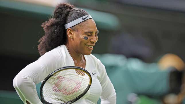Serena Williams reacts during ladies’ singles first round match against Harmony Tan of France at Wimbledon.