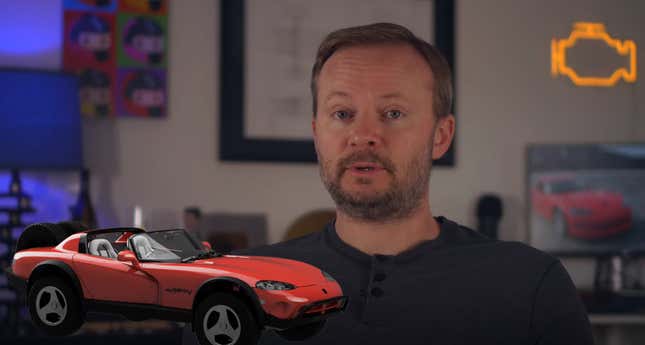 A smug-looking man explains how he's going to build an off-road Dodge Viper, a render of which is in the foreground.