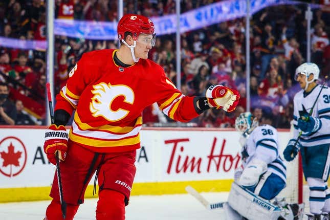 Apr 12, 2023; Calgary, Alberta, CAN; Calgary Flames defenseman Nikita Zadorov (16) celebrates his goal against the San Jose Sharks during the second period at Scotiabank Saddledome.