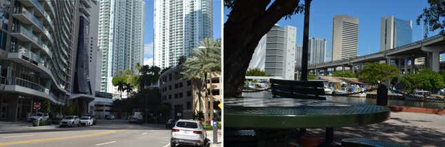 Left: Brickell Bay Drive, a stretch of road dotted with skyscrapers right next to Biscayne Bay. Right: José Martí Park, which sits directly on the Miami River. The city has invested $2 million into pilot projects to protect each from flooding.