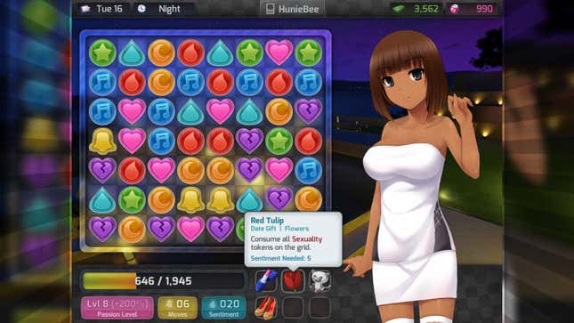 An anime girl wearing a white dress stands next to a Candy Crush-style puzzle in the game HuniePop.