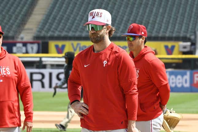Apr 19, 2023; Chicago, Illinois, USA;   Philadelphia Phillies  Bryce Harper looks on prior to the game against the Chicago White Sox at Guaranteed Rate Field.