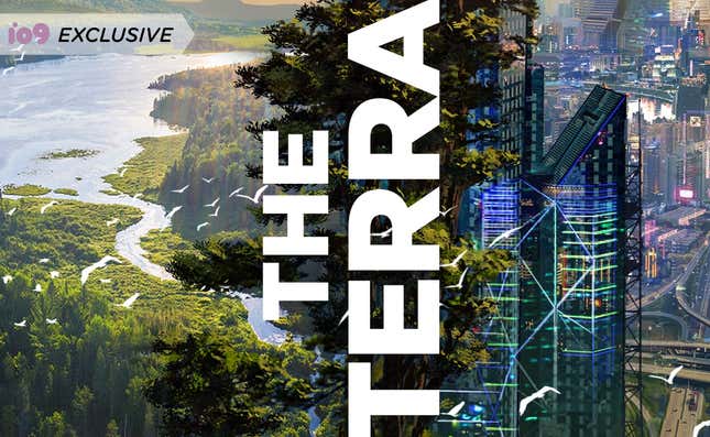 An undeveloped river and forest contrasts with a high-tech city on the cover of The Terraformers.