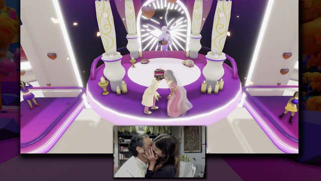 The couple kisses in at the Taco Bell in the metaverse, with a picture of their real kiss spliced on top.