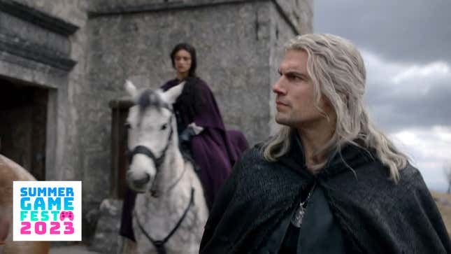 Geralt looks confused as he stands next to his horse. 