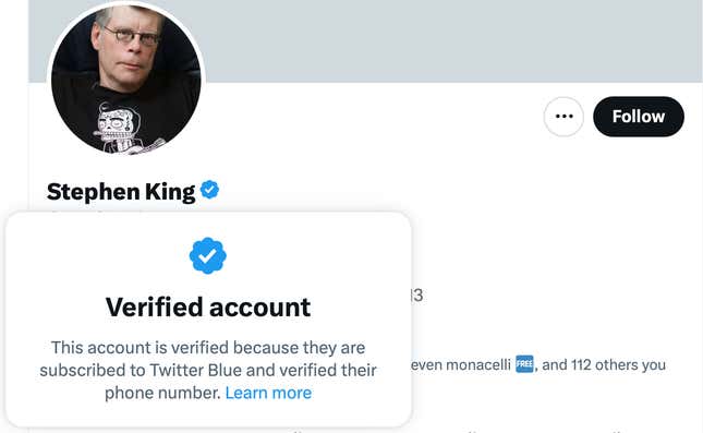 A screenshot of the message that pops up when you click on Stephen King's blue checkmark on Twitter.