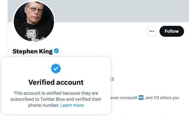 Ein Screenshot Der Nachricht, Die Erscheint, Wenn Sie Auf Twitter Auf Das Blaue Häkchen Von Stephen King Klicken.