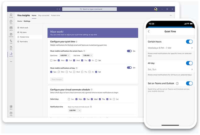 A preview of the new quiet time settings in Microsoft's Viva Insights