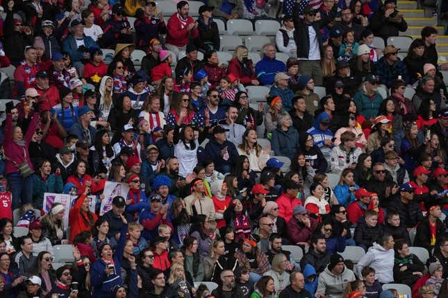 Jul 22, 2023; Auckland, NZL; USA fans cheer in the first half of a group stage match against Vietnam in the 2023 FIFA Women&#39;s World Cup at Eden Park.