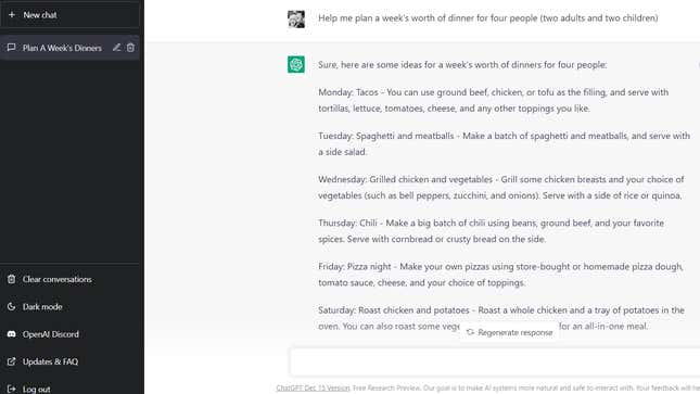 Screenshot of text between ChatGPT and user, with ChatGPT suggesting meal plans