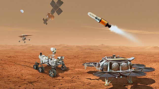 Conceptual image showing the five elements required for the Mars Sample Return mission. 