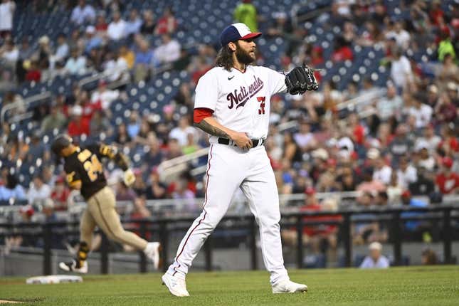 May 24, 2023; Washington, District of Columbia, USA; Washington Nationals starting pitcher Trevor Williams (32) reacts after giving up a two run home run to San Diego Padres second baseman Rougned Odor (24) during the fourth inning at Nationals Park.