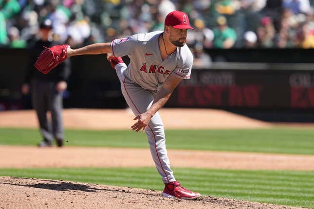 Apr 1, 2023; Oakland, California, USA; Los Angeles Angels starting pitcher Patrick Sandoval (43) throws a pitch against the Oakland Athletics during the fifth inning at RingCentral Coliseum.