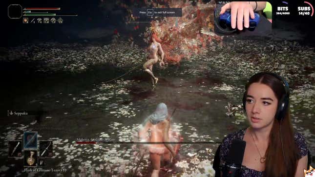 Twitch streamer MsMikka stares down Malenia in her one-handed Elden Ring challenge.