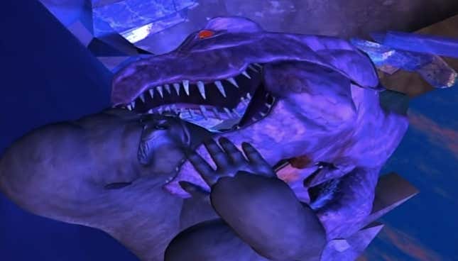 A purple and blue-hued image featuring Optimus Primal looking down Megatron’s throat.