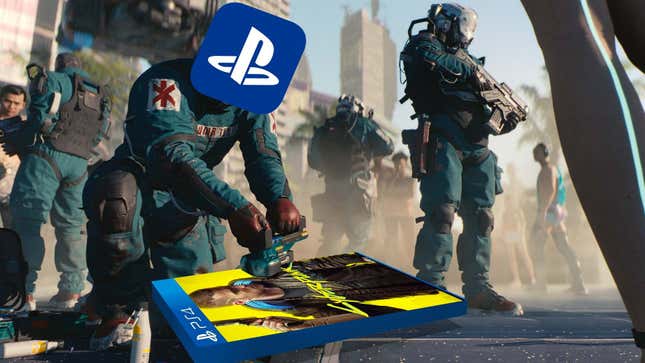 An image from Cyberpunk 2077 depicting a medic with the PlayStation logo for a head trying to resuscitate a PS4 copy of Cyberpunk 2077.