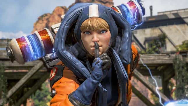Apex Legends character Wattson holds up a finger to her mouth, shushing the viewer.