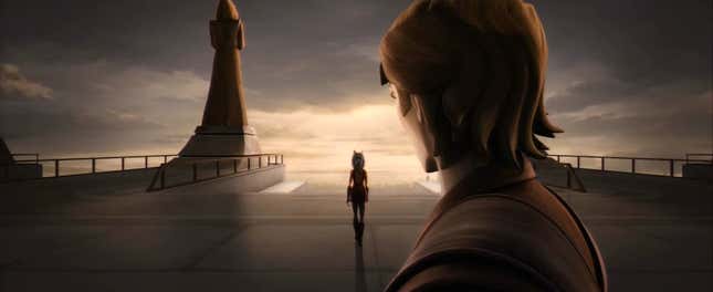 Anakin Skywalker looking at a departing Ahsoka Tano the Star Wars: Clone Wars episode 