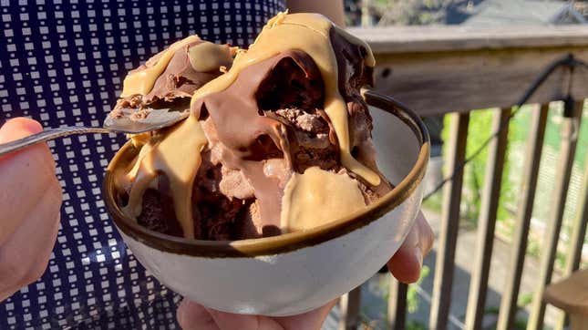 Peanut butter and chocolate magic shell on ice cream sundae
