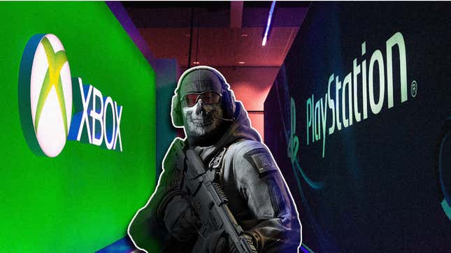 Art for a Call of Duty operator sits in front of dueling Xbox and PlayStation signs. 