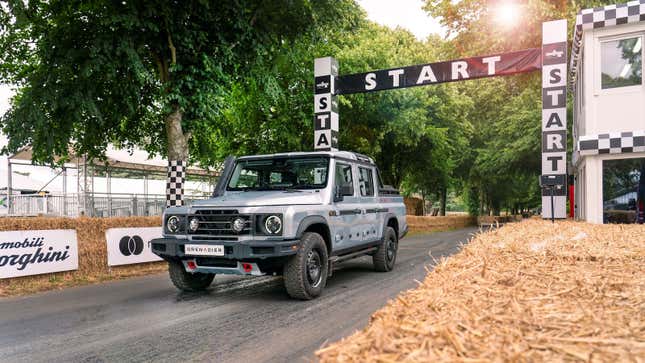 The Ineos Quartermaster Pickup is parked at the hillclimb start at the Goodwood Festival of Speed