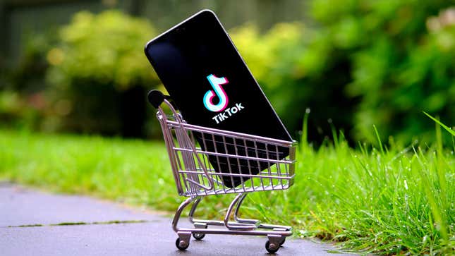 A photo a phone with the TikTok logo in a shopping cart. The Biden administration is demanding ByteDance sell TikTok.