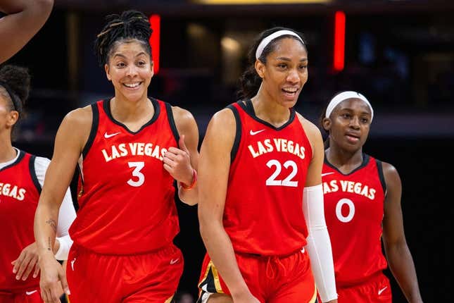 Jun 4, 2023; Indianapolis, Indiana, USA; Las Vegas Aces forward Candace Parker (3) and forward A&#39;ja Wilson (22) celebrates the win against the Indiana Fever  at Gainbridge Fieldhouse.