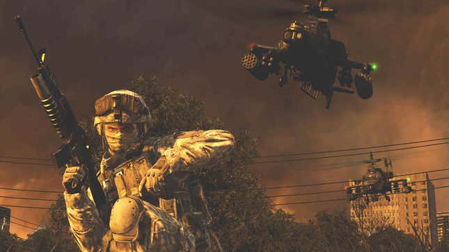 A Call of Duty soldier stands in front of an orange sky.