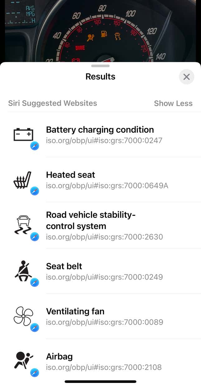 Image of Visual Look Up being used to identify car instrument cluster icons in iOS 17.