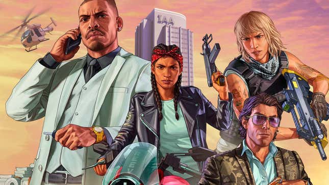 A group of GTA Online characters stand together in front of a orange sky and large skyscraper in the background. 