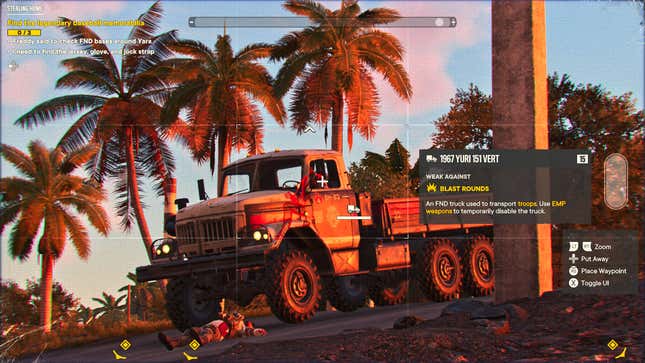 A truck drives down a road at sunset in Far Cry 6.