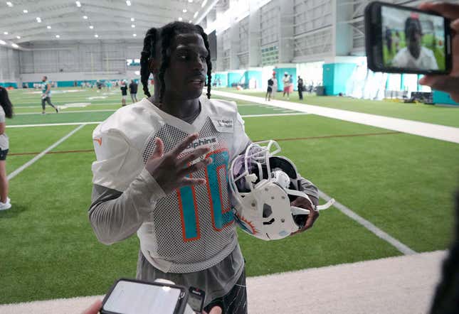 Miami Dolphins wide receiver Tyreek Hill takes questions from the media following practice