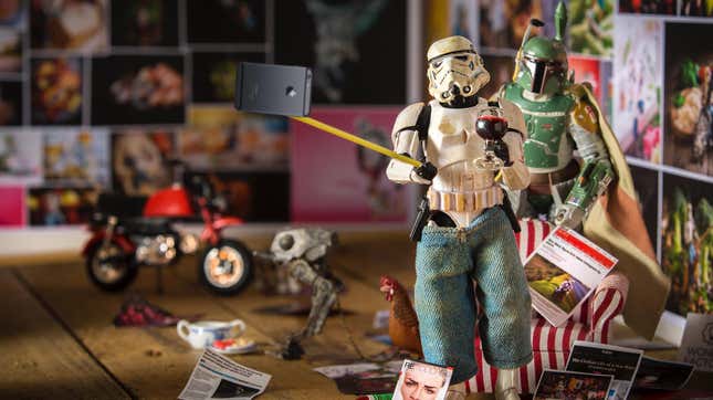 Toy Stormtrooper Eric takes a selfie with a toy Mandalorian.