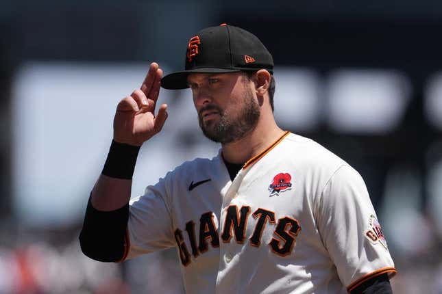 May 29, 2023; San Francisco, California, USA; San Francisco Giants third baseman J.D. Davis (7) gestures before the game against the Pittsburgh Pirates at Oracle Park.